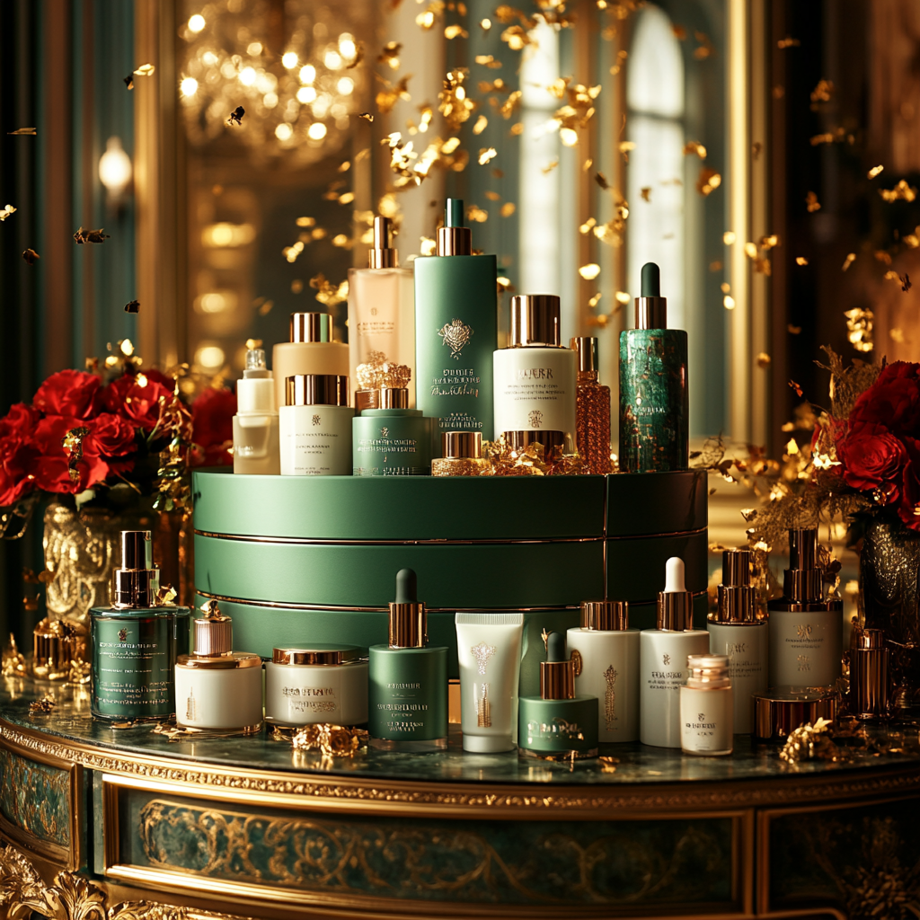 Festive Beauty Products Display in Ornate Gold Room