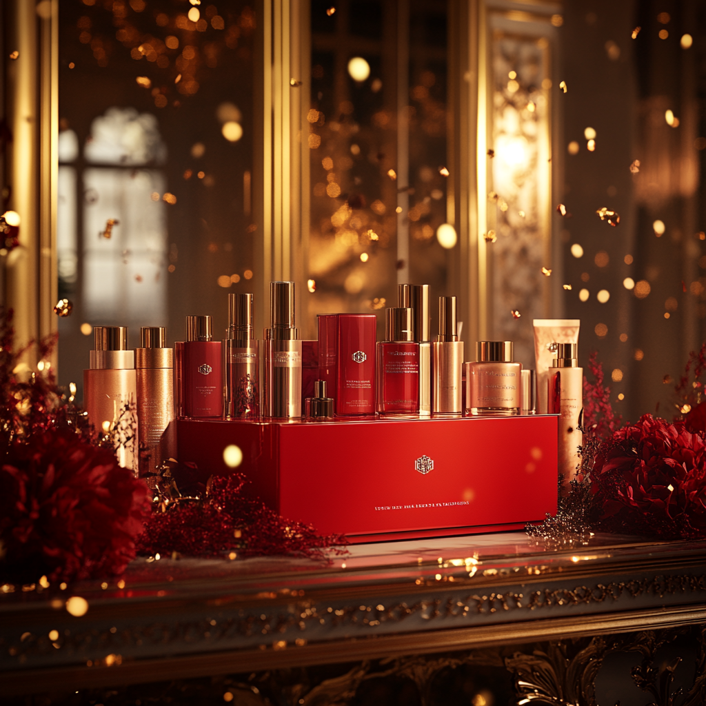 Festive Beauty Products Showcase in Ornate Gold Room