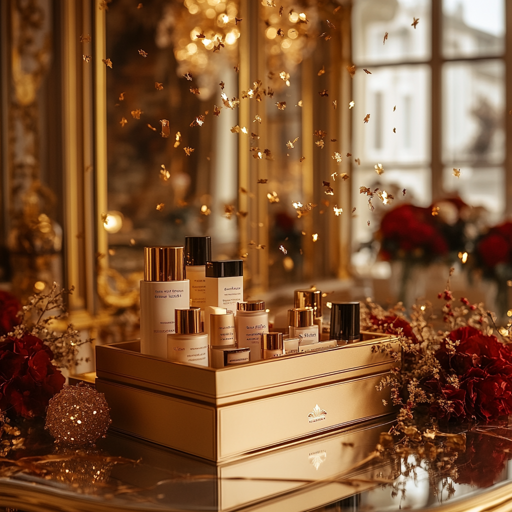 Festive Beauty Products in a Gold Room