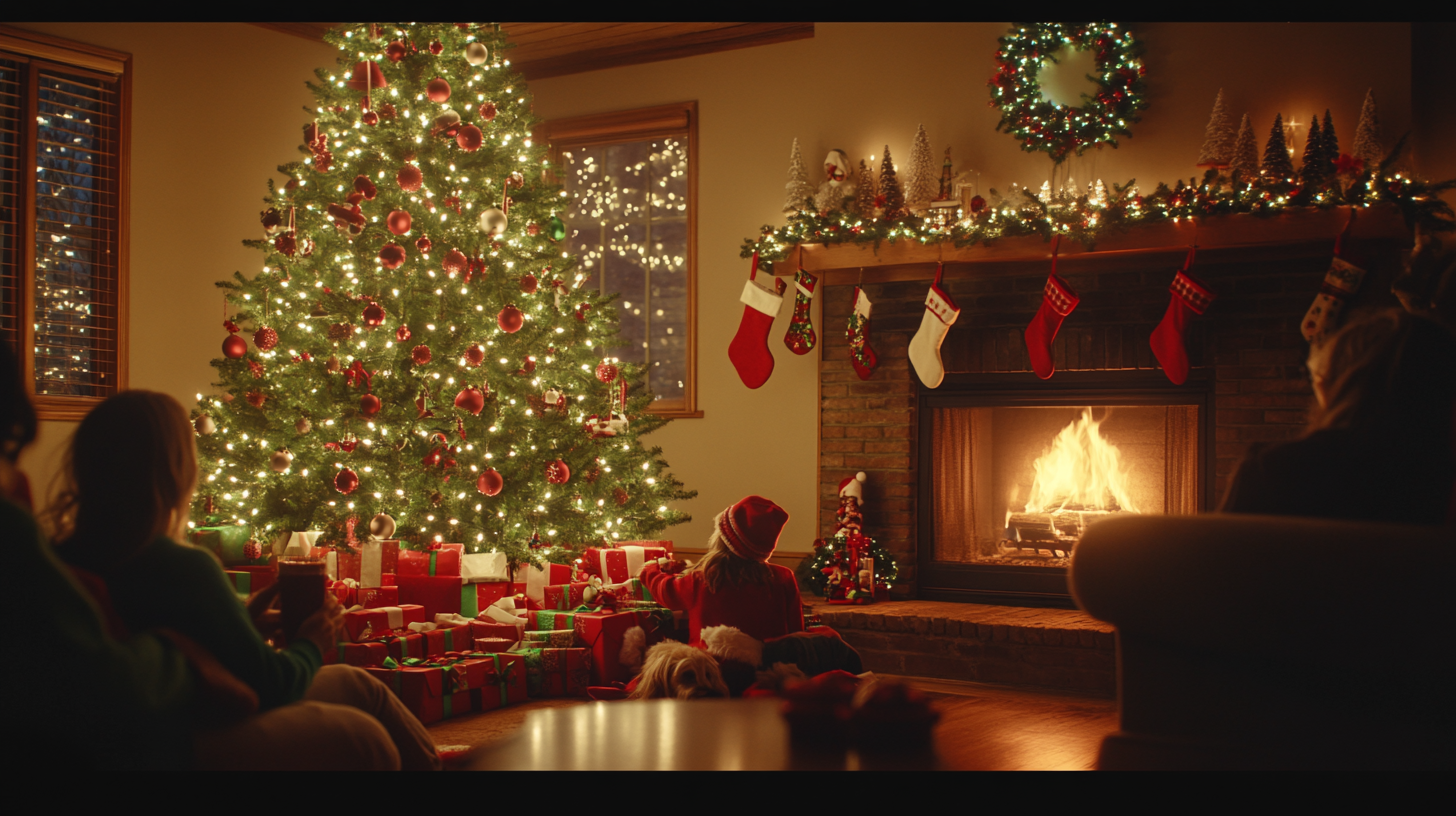 Festive Christmas living room with family and dog