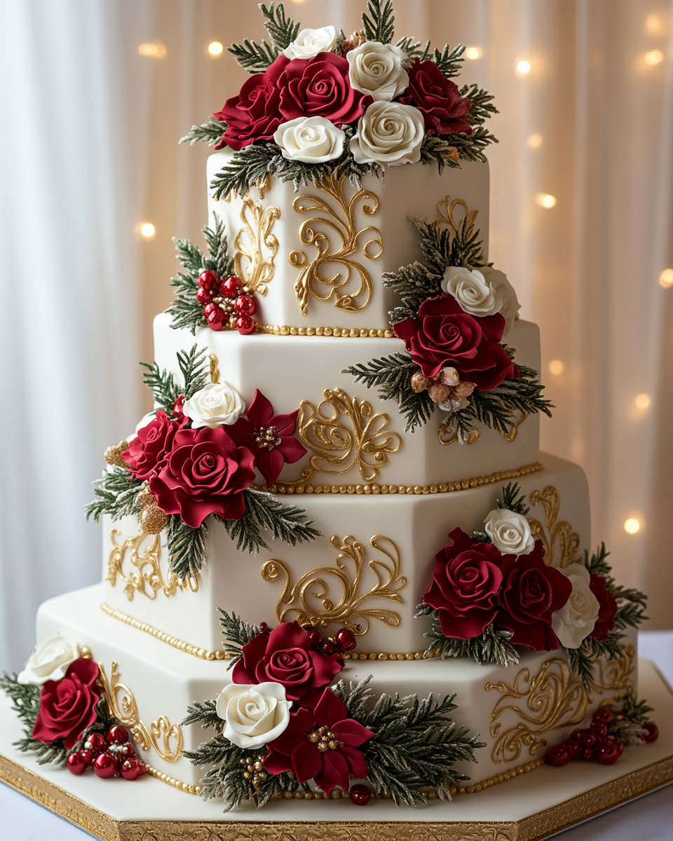 Festive Christmas wedding cake with gold accents