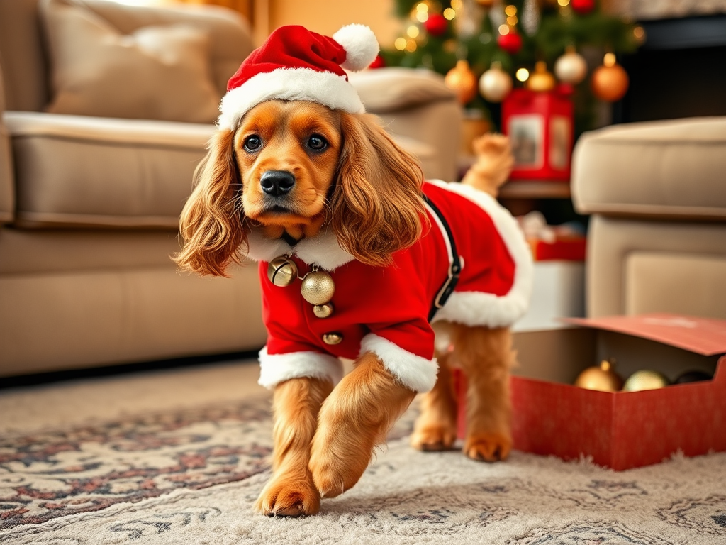 Festive Cocker Spaniel Charlie in Santa Suit