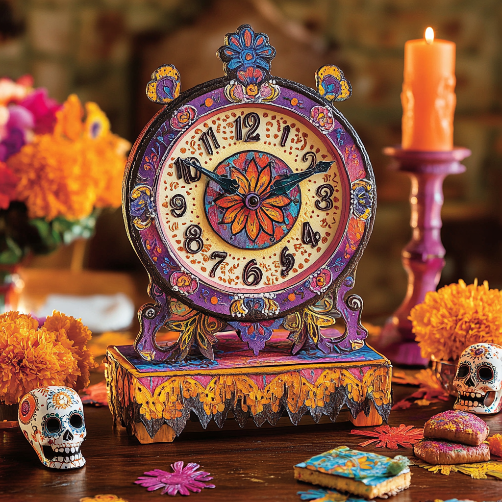 Festive Dia de los Muertos Decorated Clock Scene