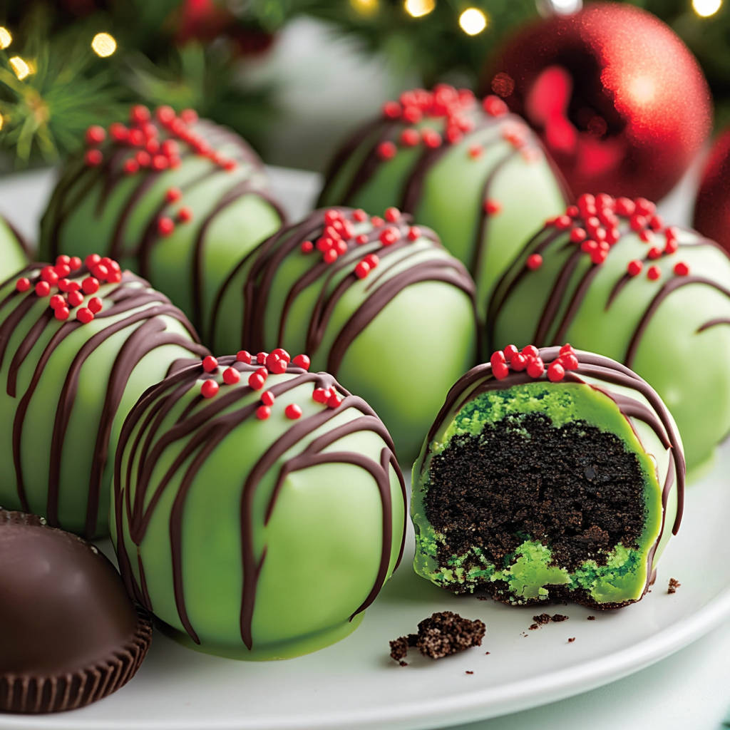 Festive Grinch-inspired Oreo truffle balls on display