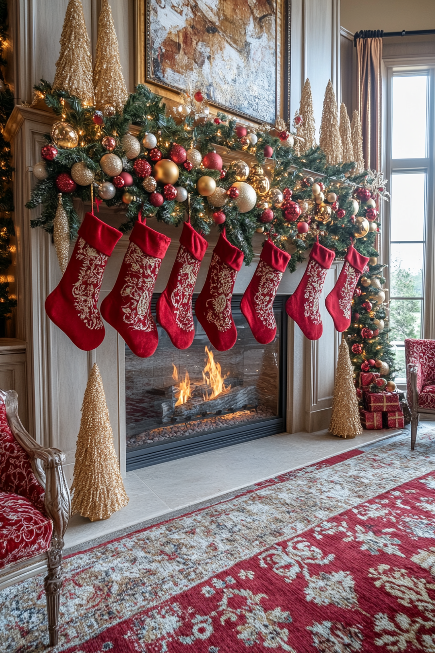 Festive Red and Gold Decorations Around Fireplace