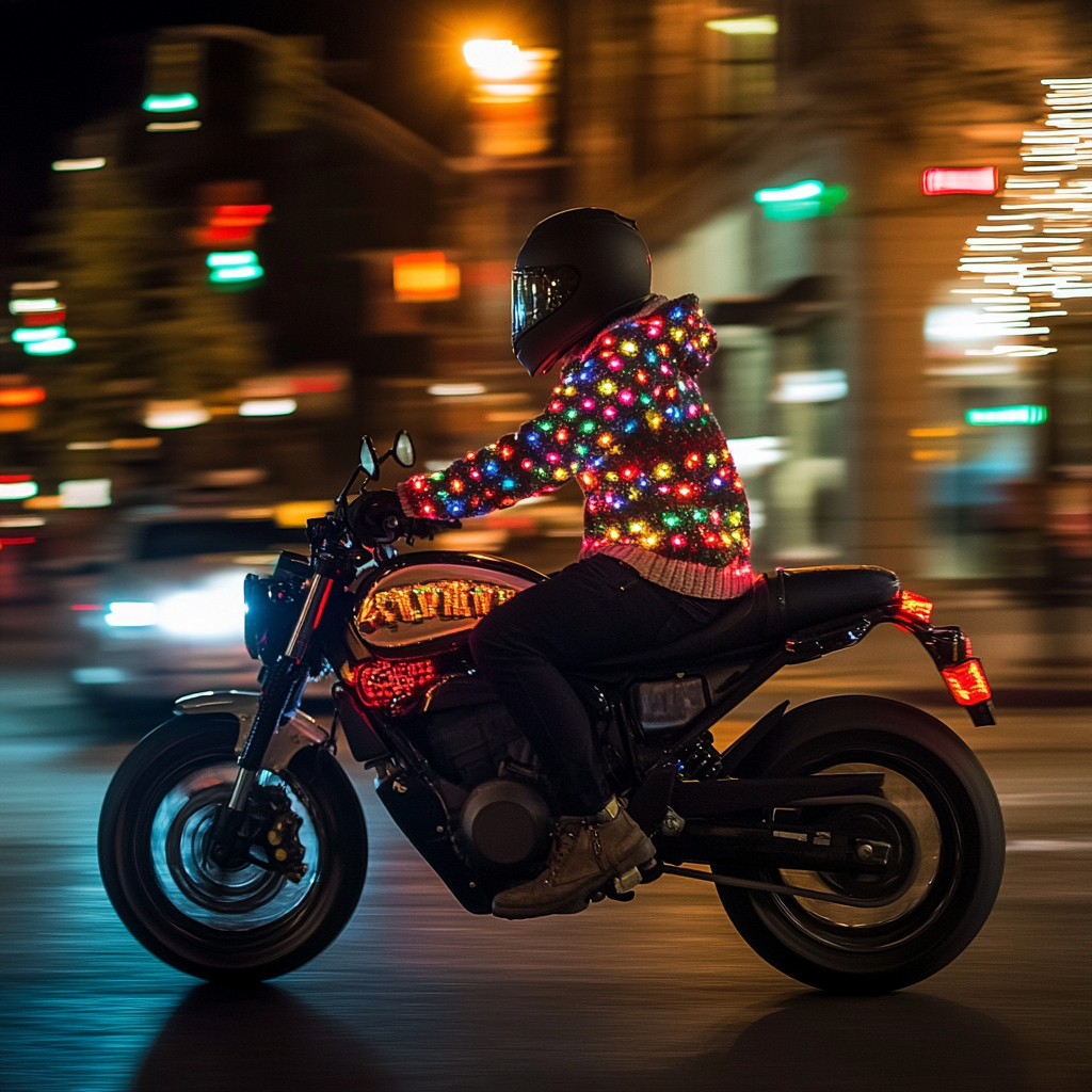 Festive Rider on Motorcycle in Urban Night