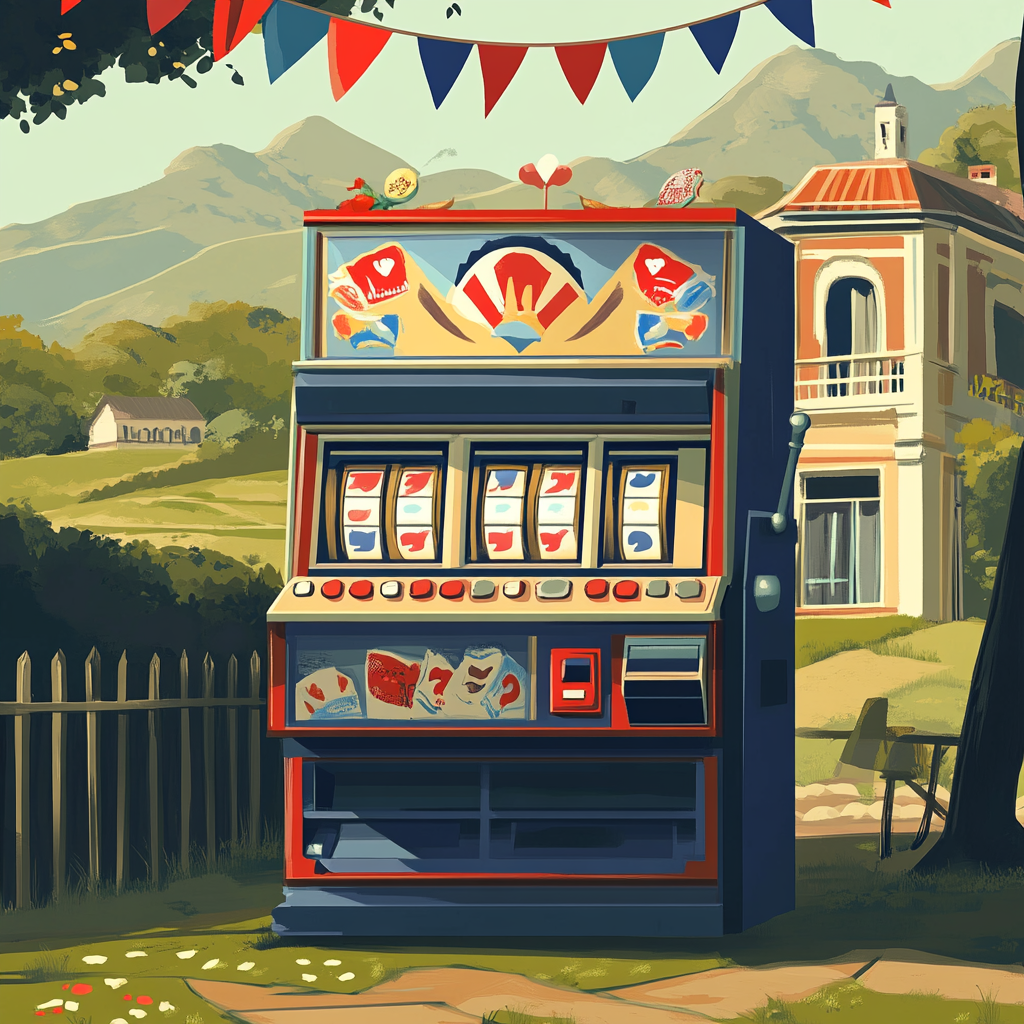 Festive Slot Machine with Chilean Colonial House Background 