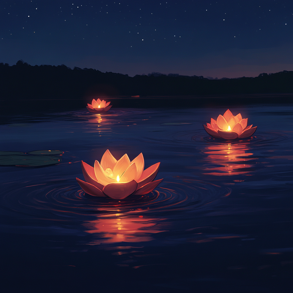 Festive banner with glowing lotus diyas on water