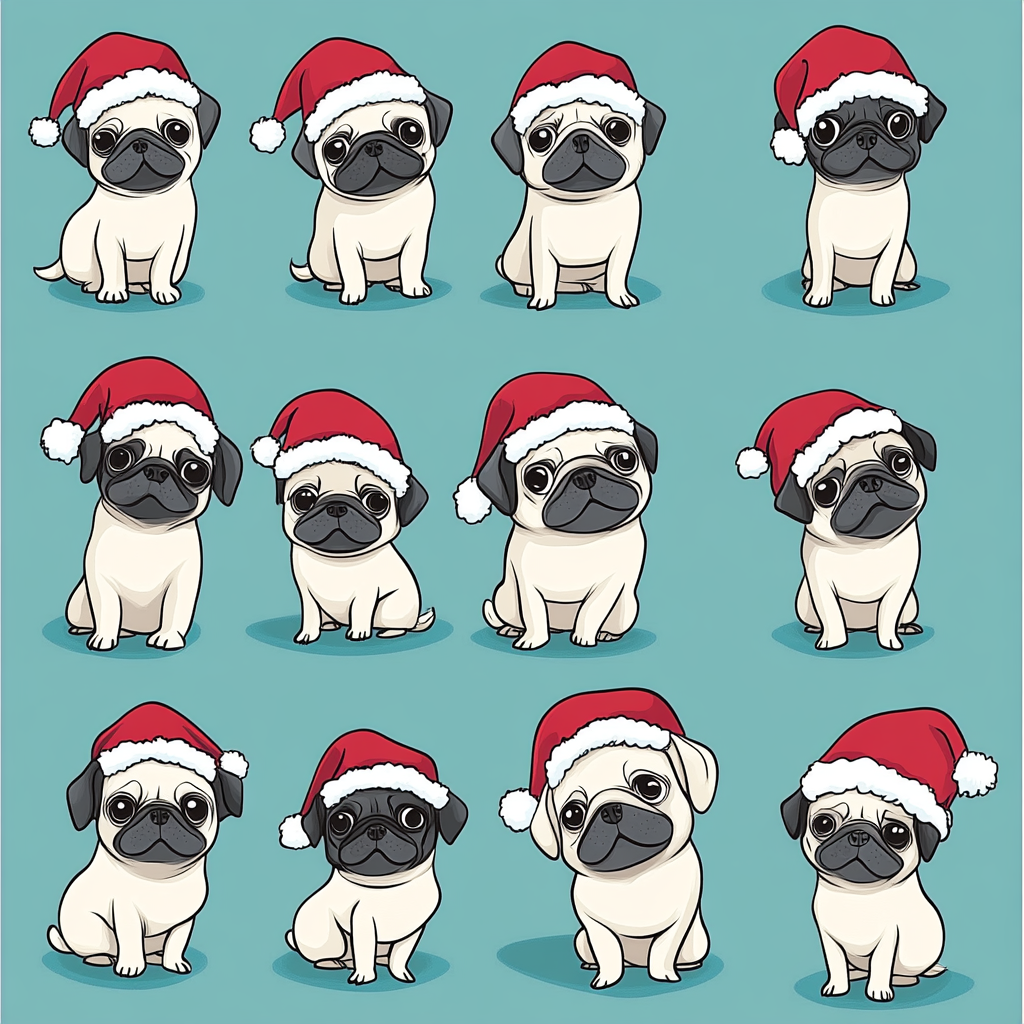 Festive cartoon pugs in Christmas attire.