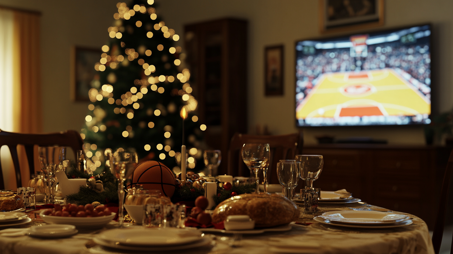 Festive dinner with basketball on TV, nostalgic ambiance.