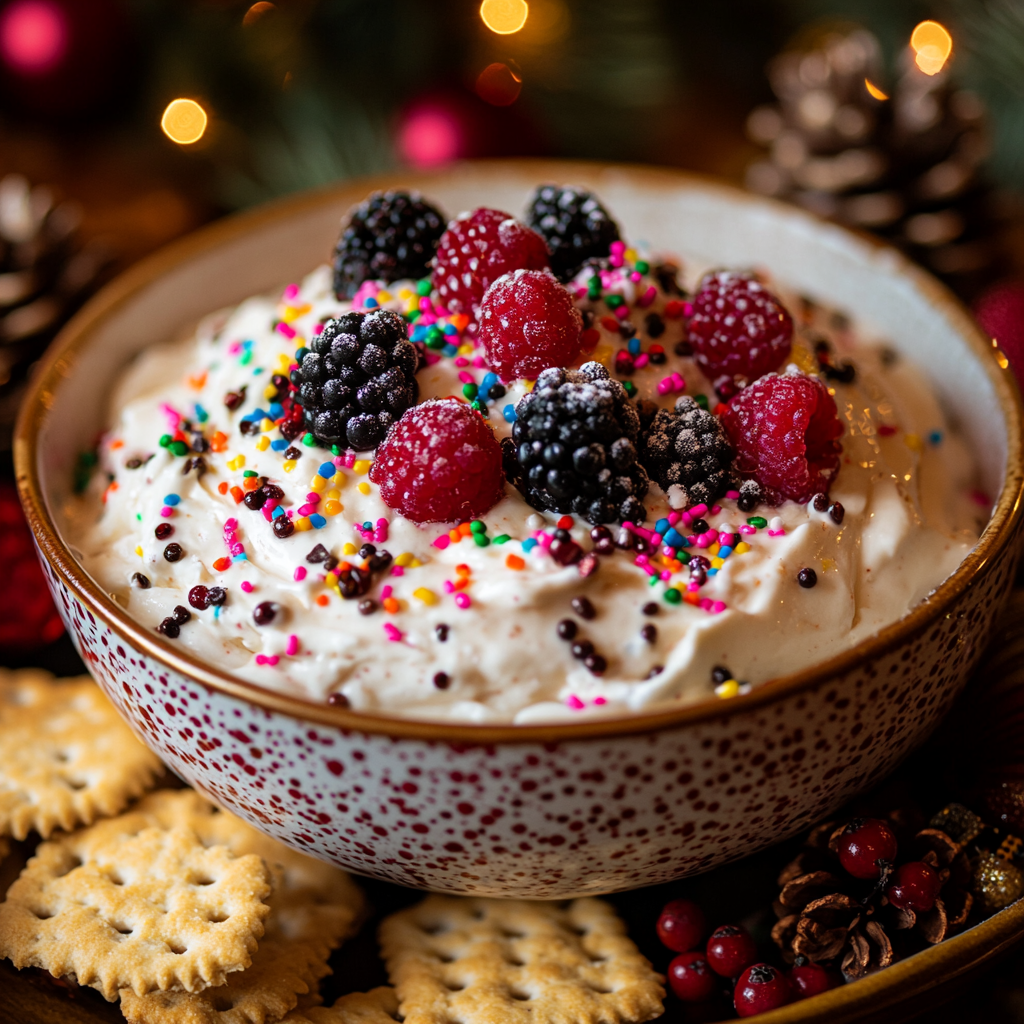 Festive holiday dessert with creamy dip and berries.