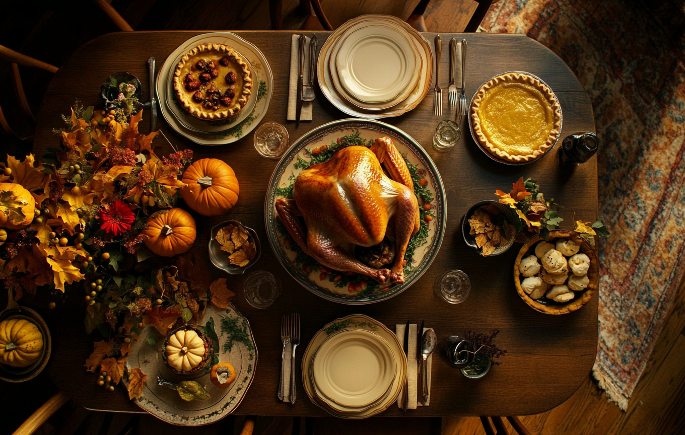 Festive holiday dinner table with traditional dishes.