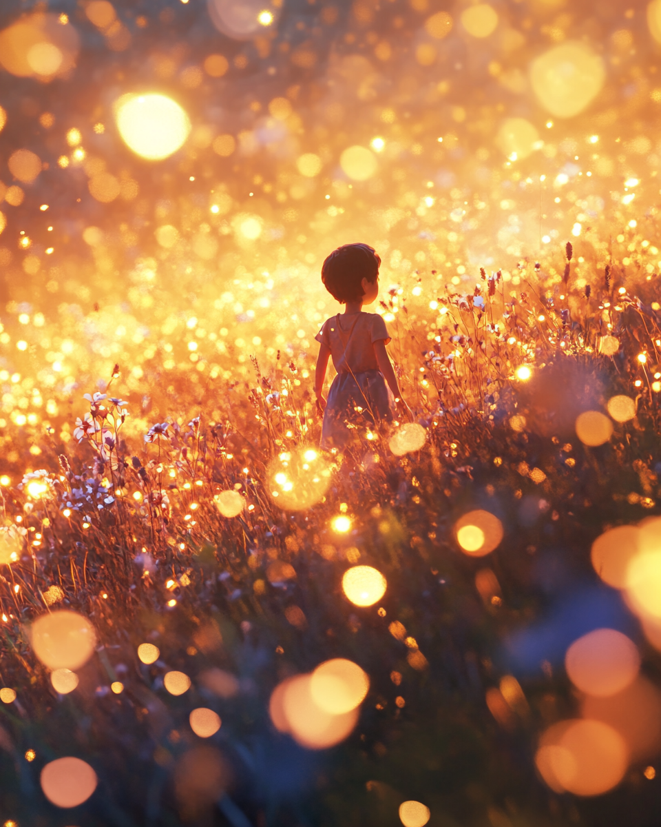 Field of children shining with light, golden sky above.