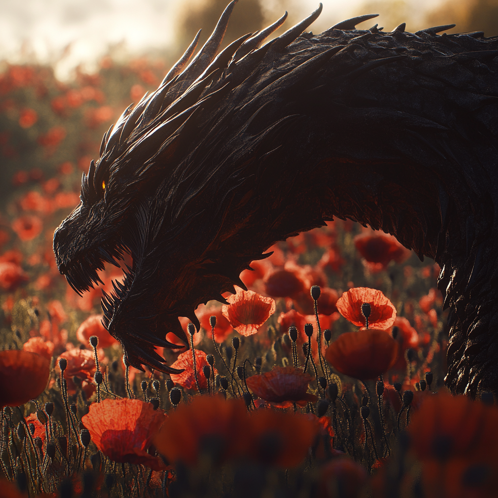 Field of poppies, black dragon's wide head behind flower.