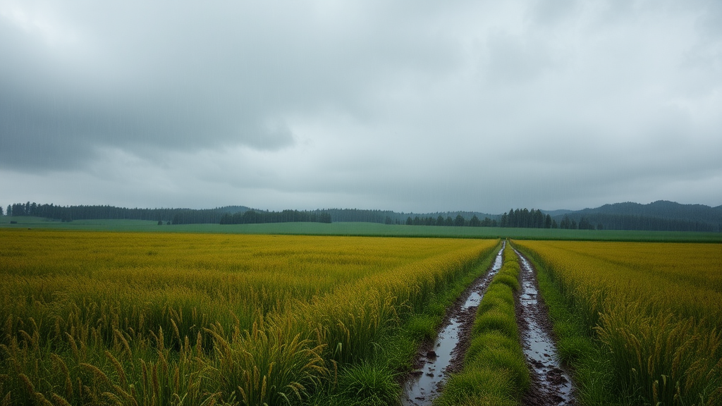 Field with a path in rainy landscape under clouds.