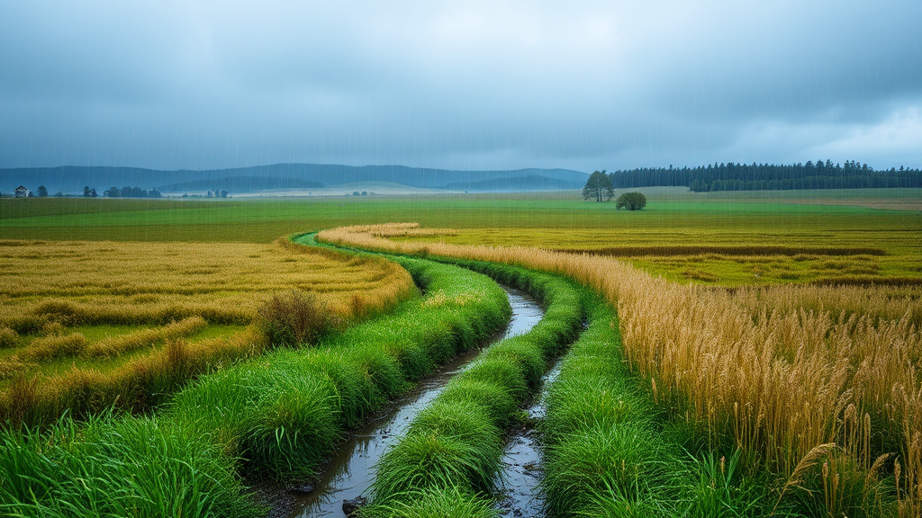 Field with path on rainy day.