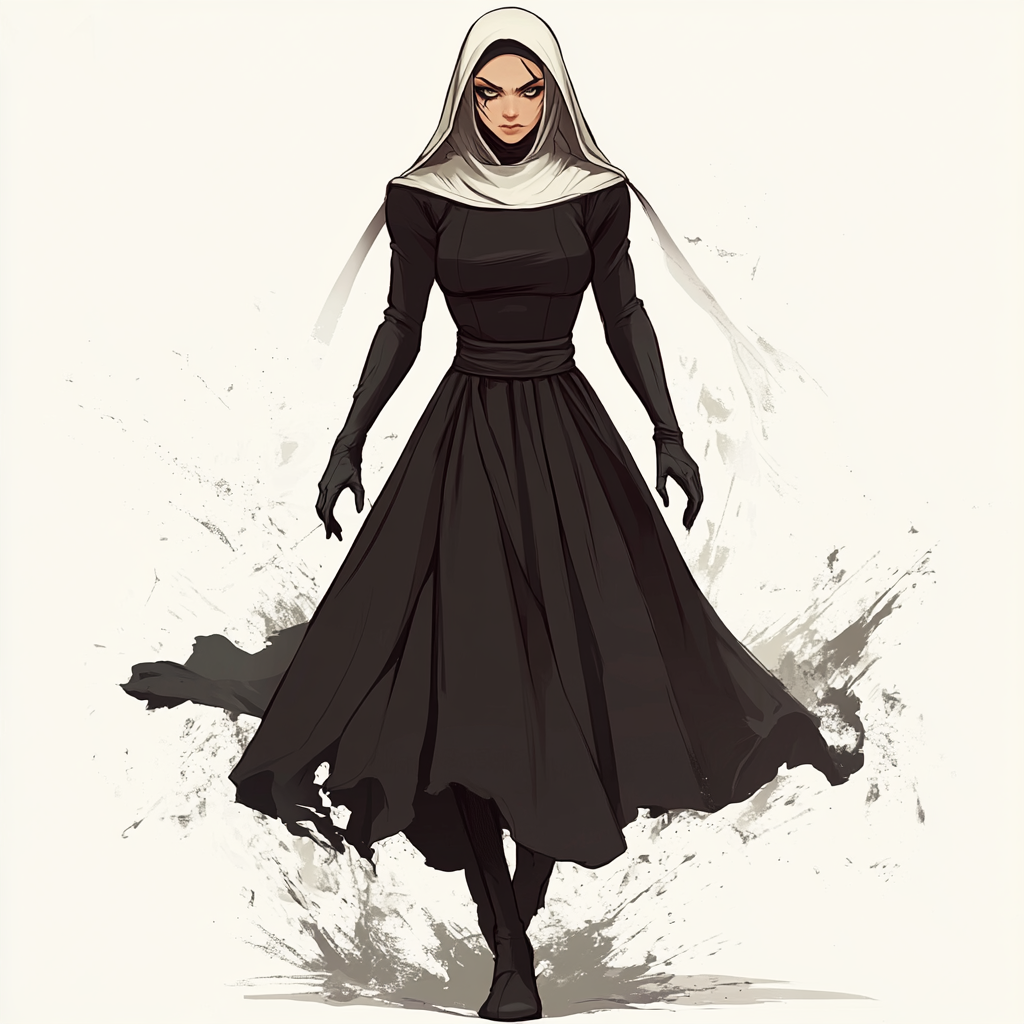 Fierce Catholic Nun Female Superhero Full Body Skirt White Background Charlie Bowater Style