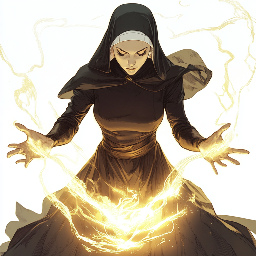 Fierce Catholic Nun Superhero with Glowing Hands Art