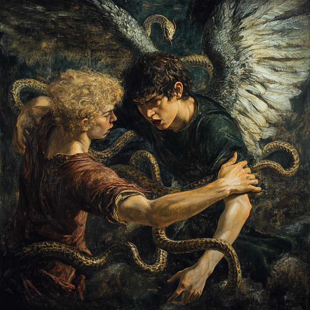 Fierce battle between winged demon and angel, dark background.