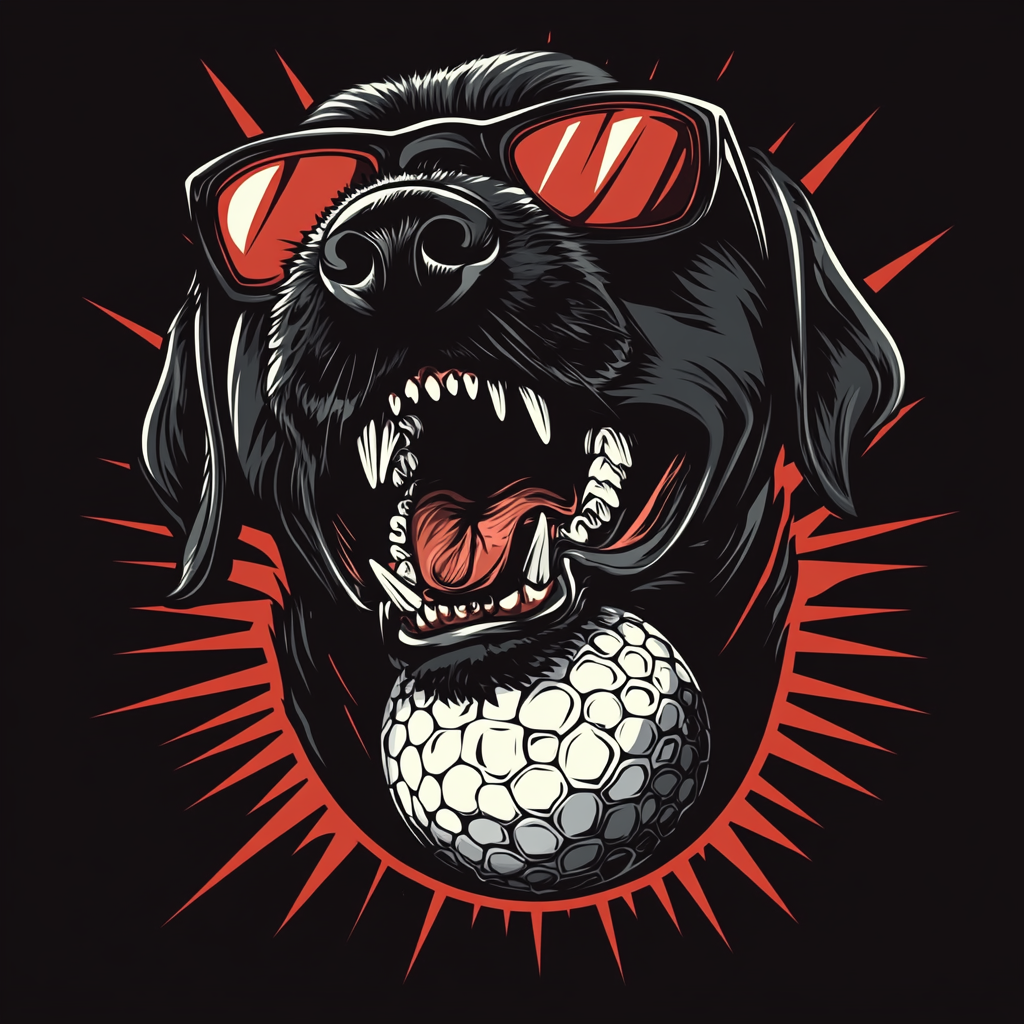 Fierce black Labrador Retriever biting golf ball, wearing sunglasses.