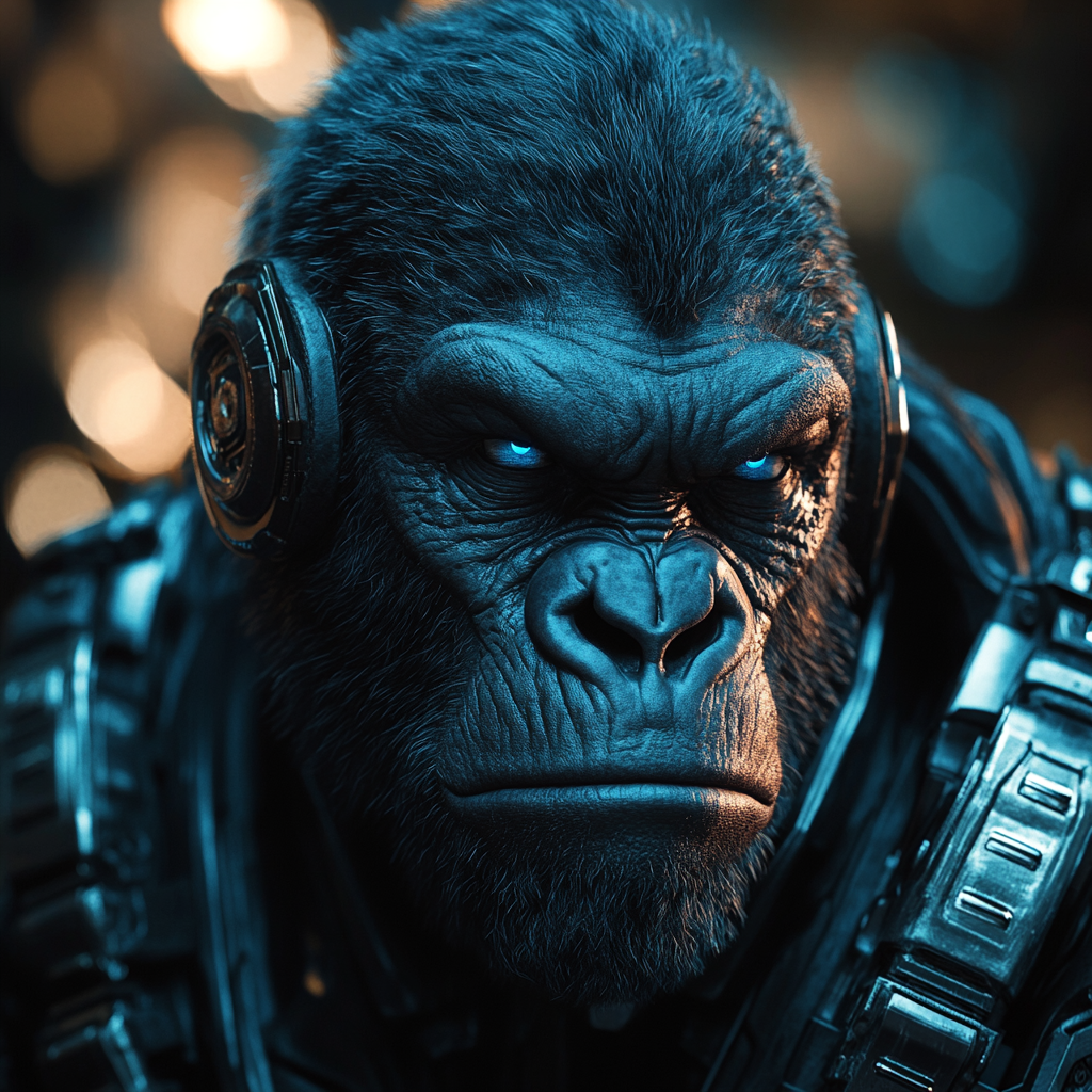 Fierce cyborg gorilla with angry look and energy.