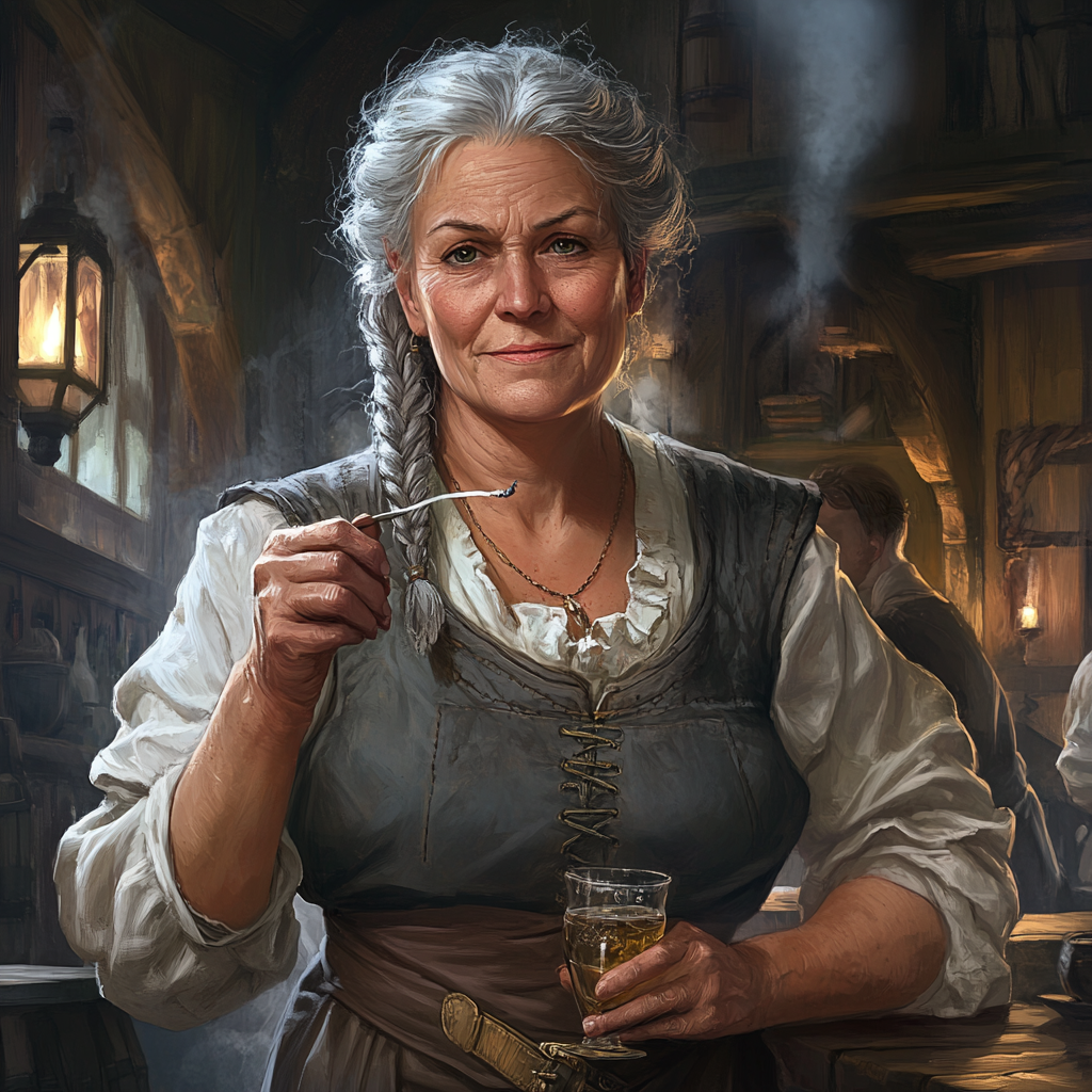 Fierce female tavern owner commands respect from patrons.