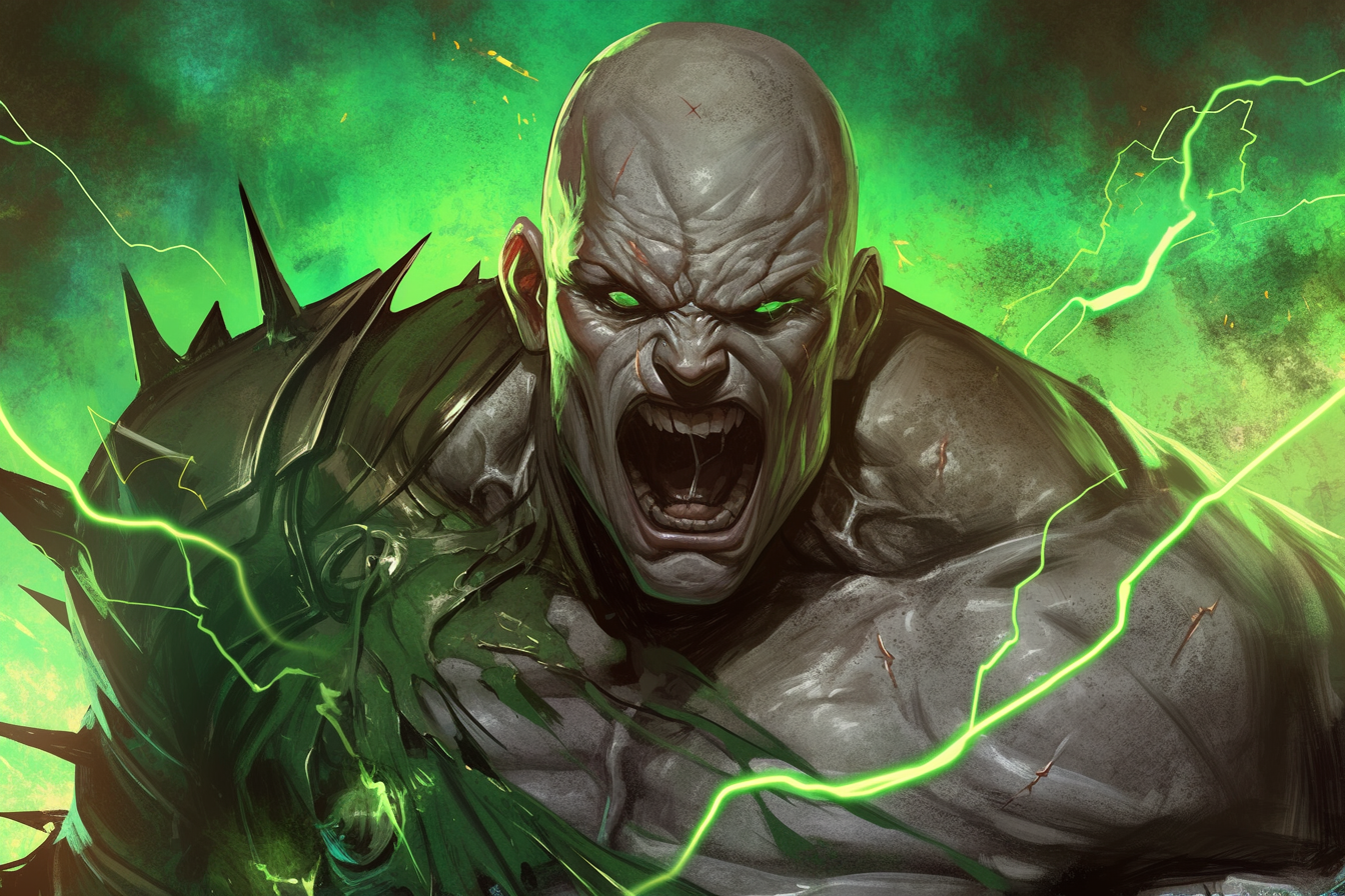 Fierce grey giant man with green energy rage face.