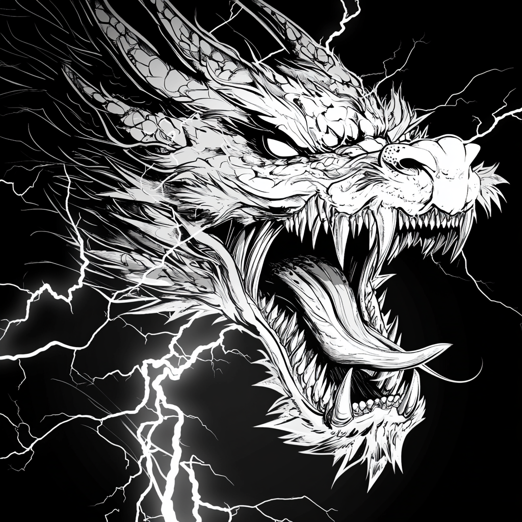 Fiery Dragon Emitting Lightning, Black and White