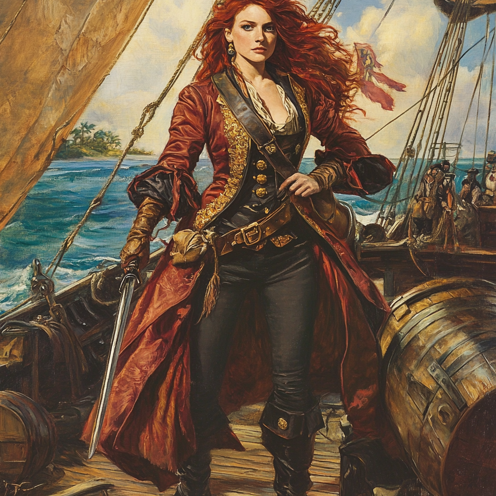 Fiery Pirate Anne Bonny stands confidently on ship deck.