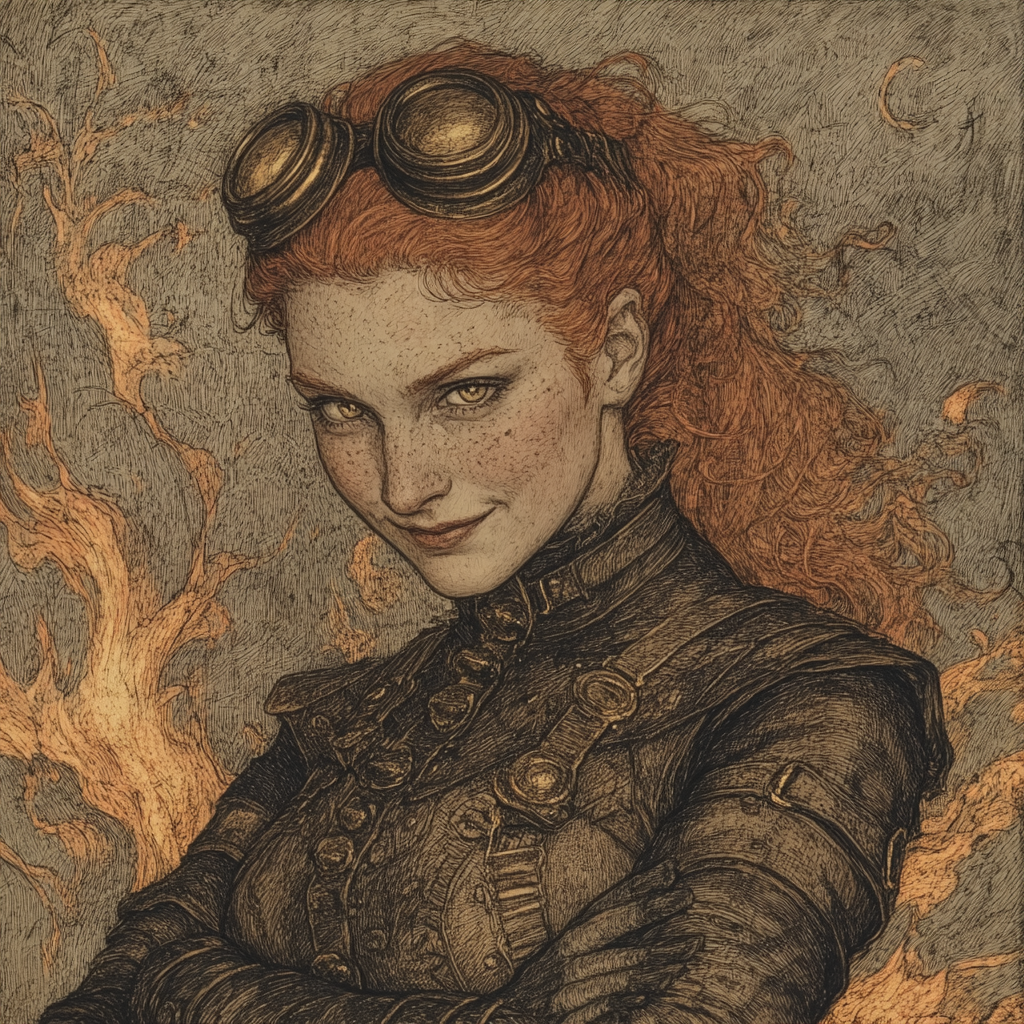 Fiery Red-Headed Pyromancer in Leather Armor, Goggles - Stock Photo