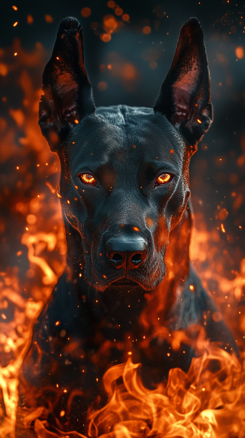 Fiery black and red Doberman with glowing eyes and flames.