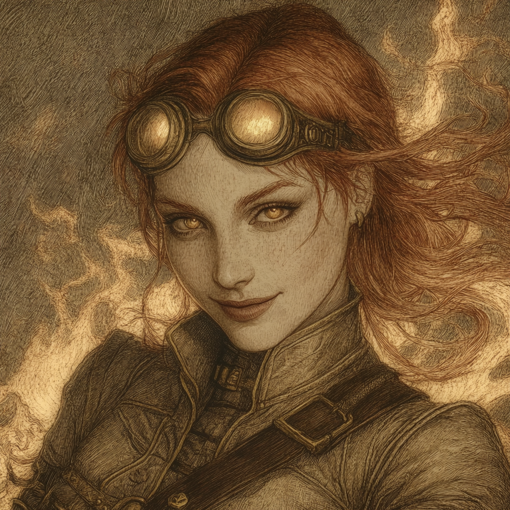 Fiery-haired Pyromancer in Leather Armor Goggles Sultry Wink