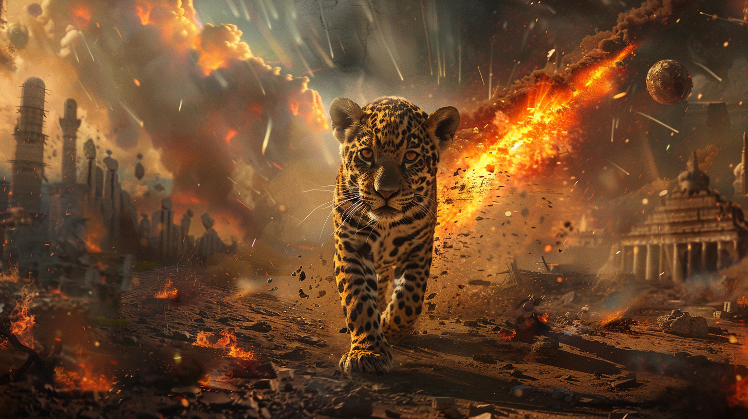 Fiery jaguar cub and ancient city under attack.