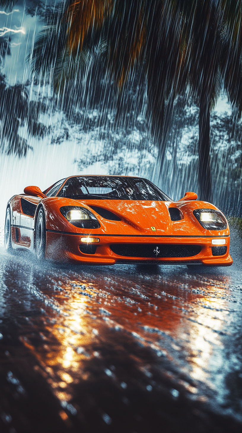 Fiery orange Ferrari F50 racing through tropical rainstorm.