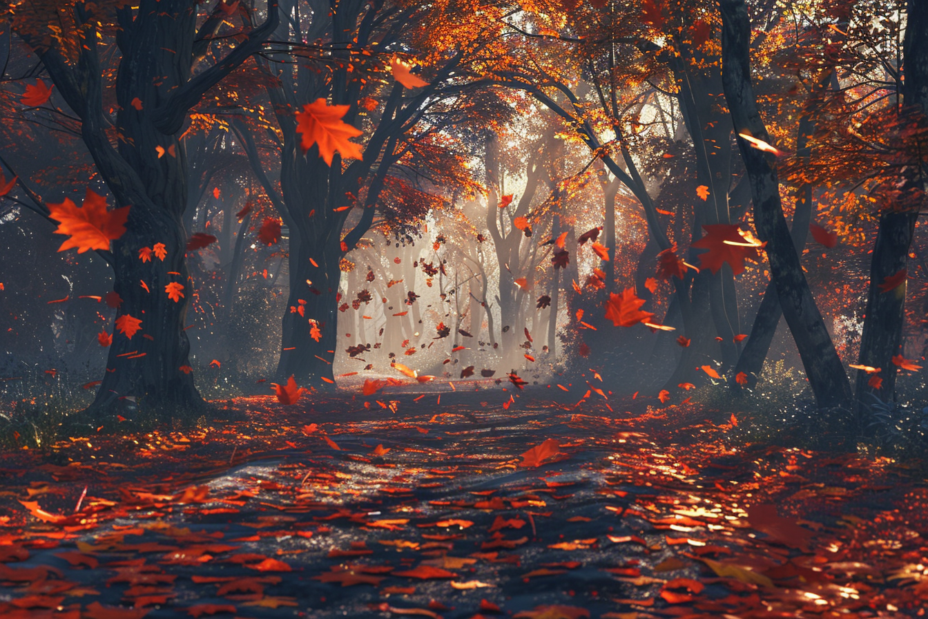 Fiery orange and red leaves fall in autumn forest.