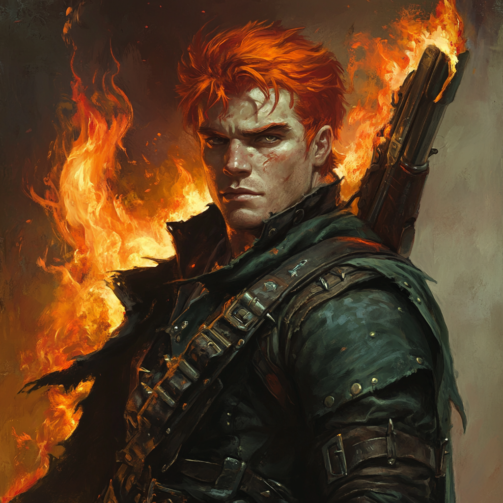 Fiery red-haired gunslinger in green cloak, dangerous and confident.