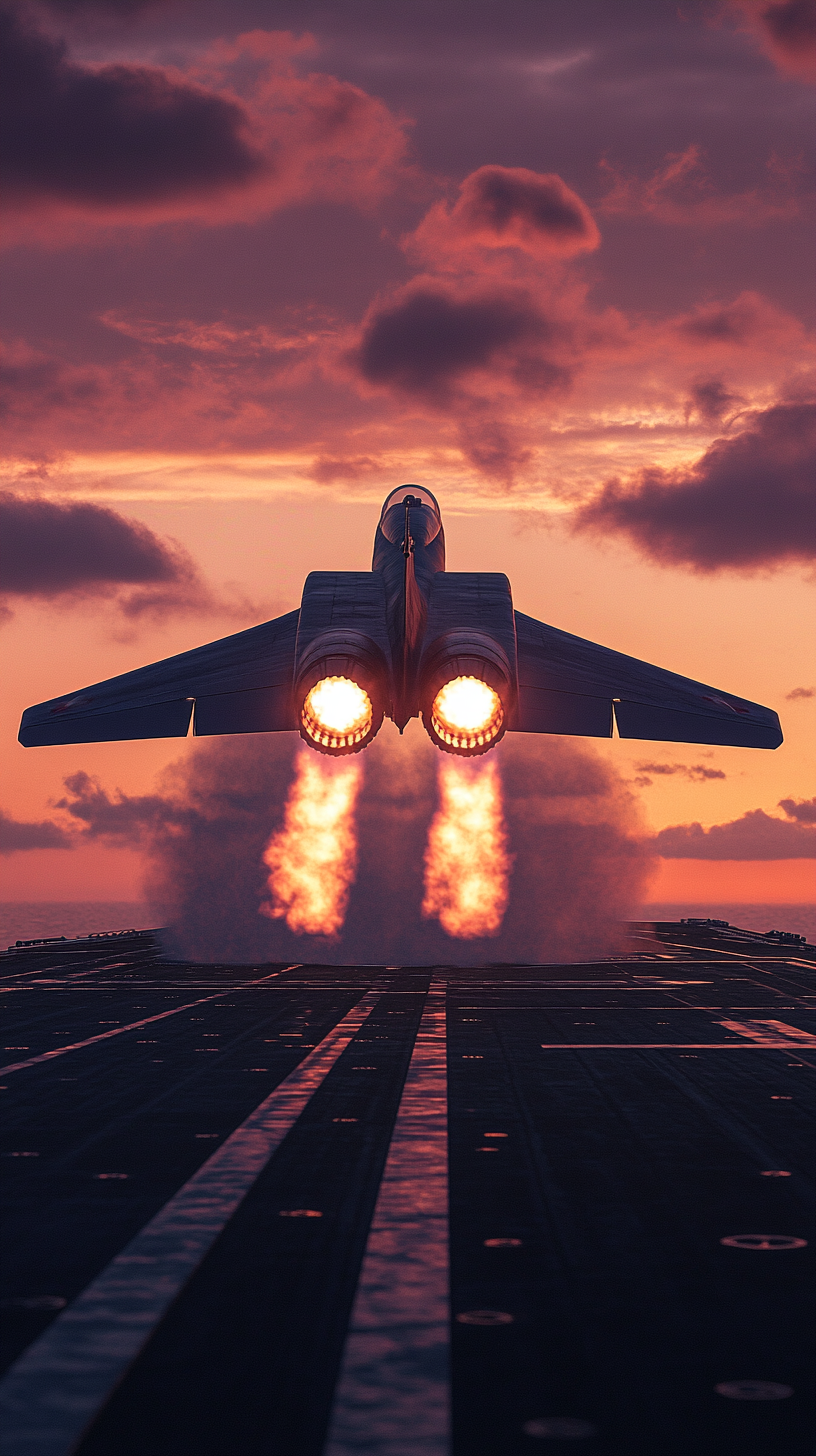 Fighter jet taking off from aircraft carrier at sunrise.