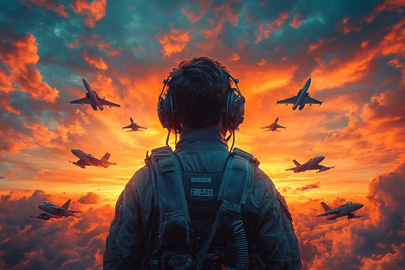 Fighter pilot in front of squadron, sun setting colors.