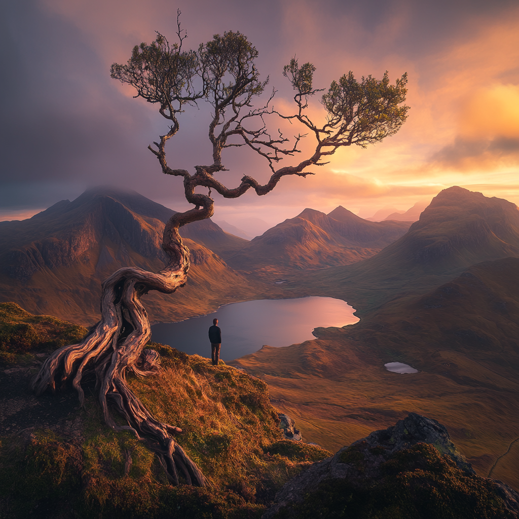 Figure admiring view of mountain and lake