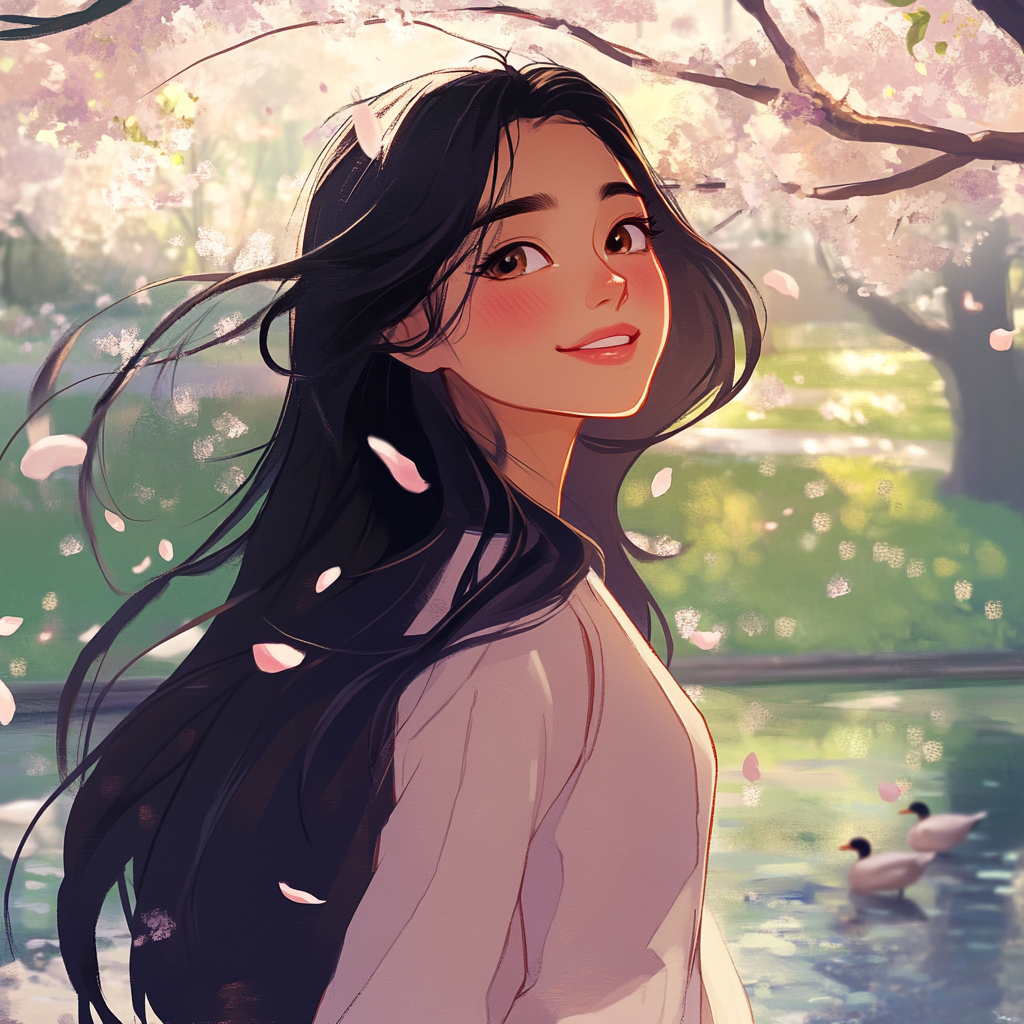 Filipino woman under cherry blossom tree in anime style