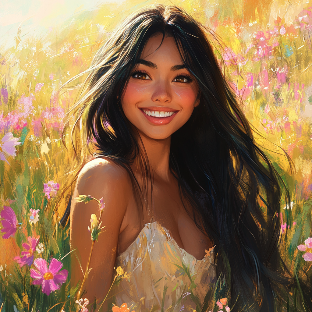 Filipino woman with black hair in wildflower field portrait.