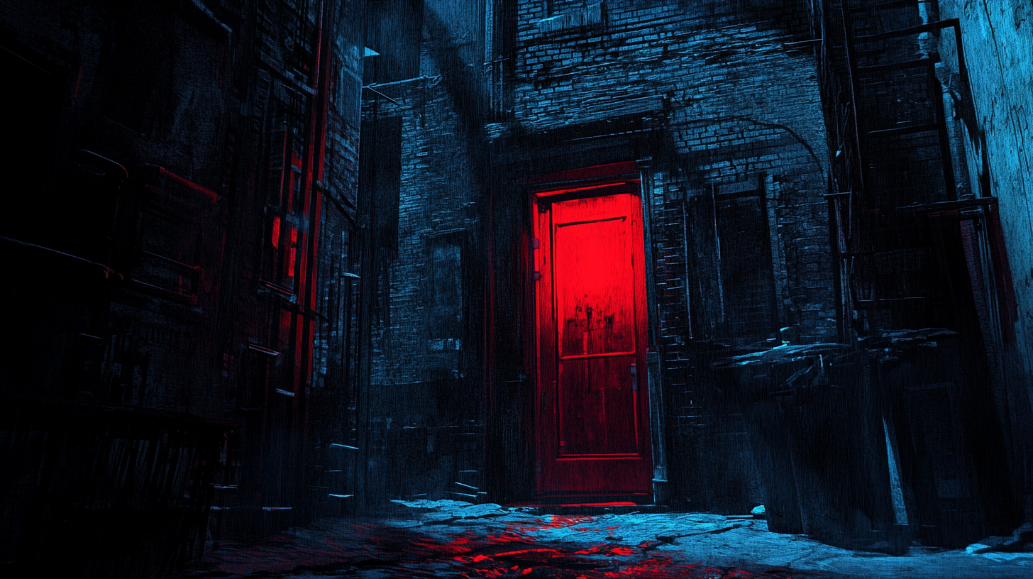 Film Noir Style Alleyway with Glowing Red Door in New York City