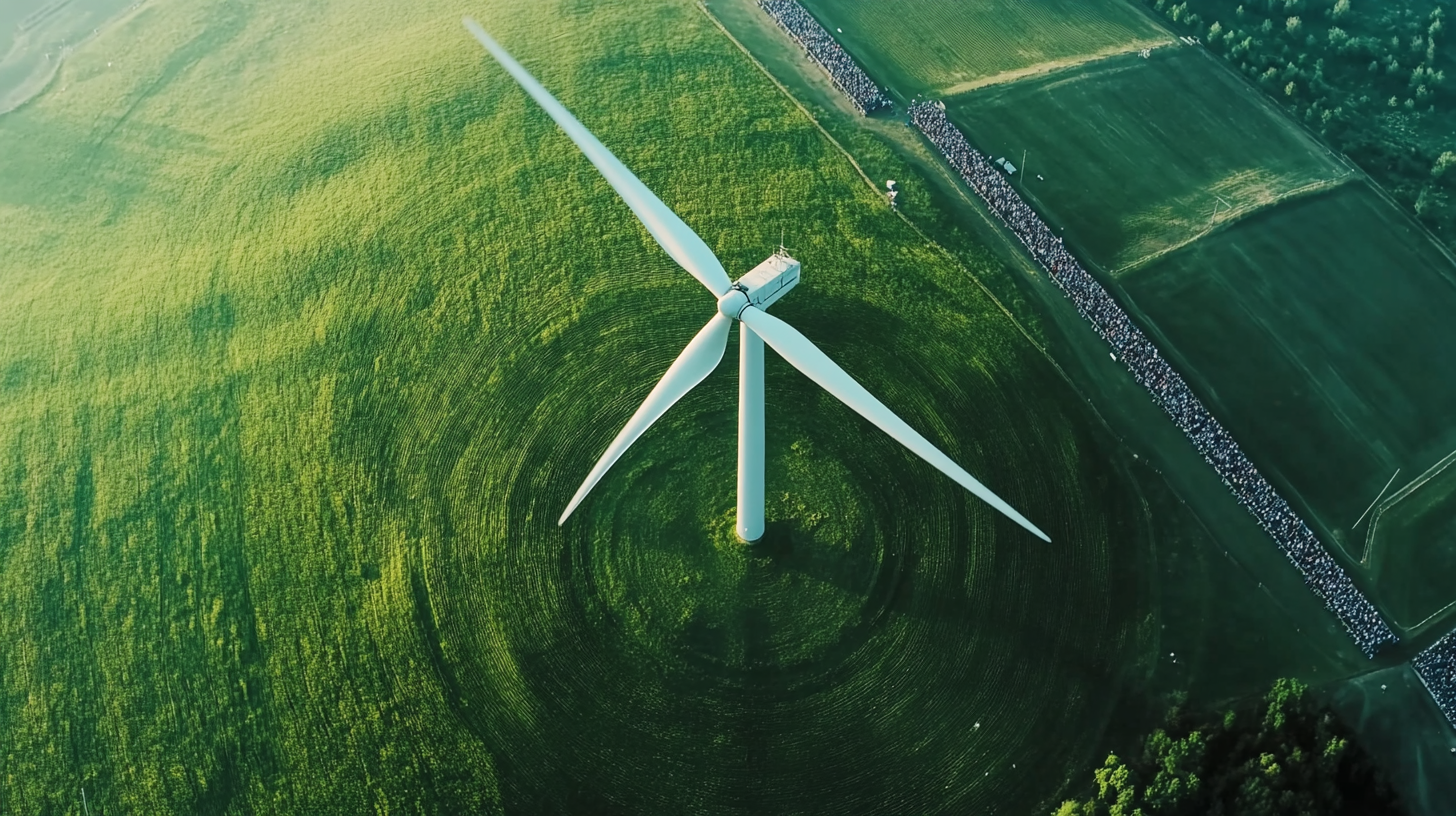 Film of wind turbine in green pasture, crowd watching.