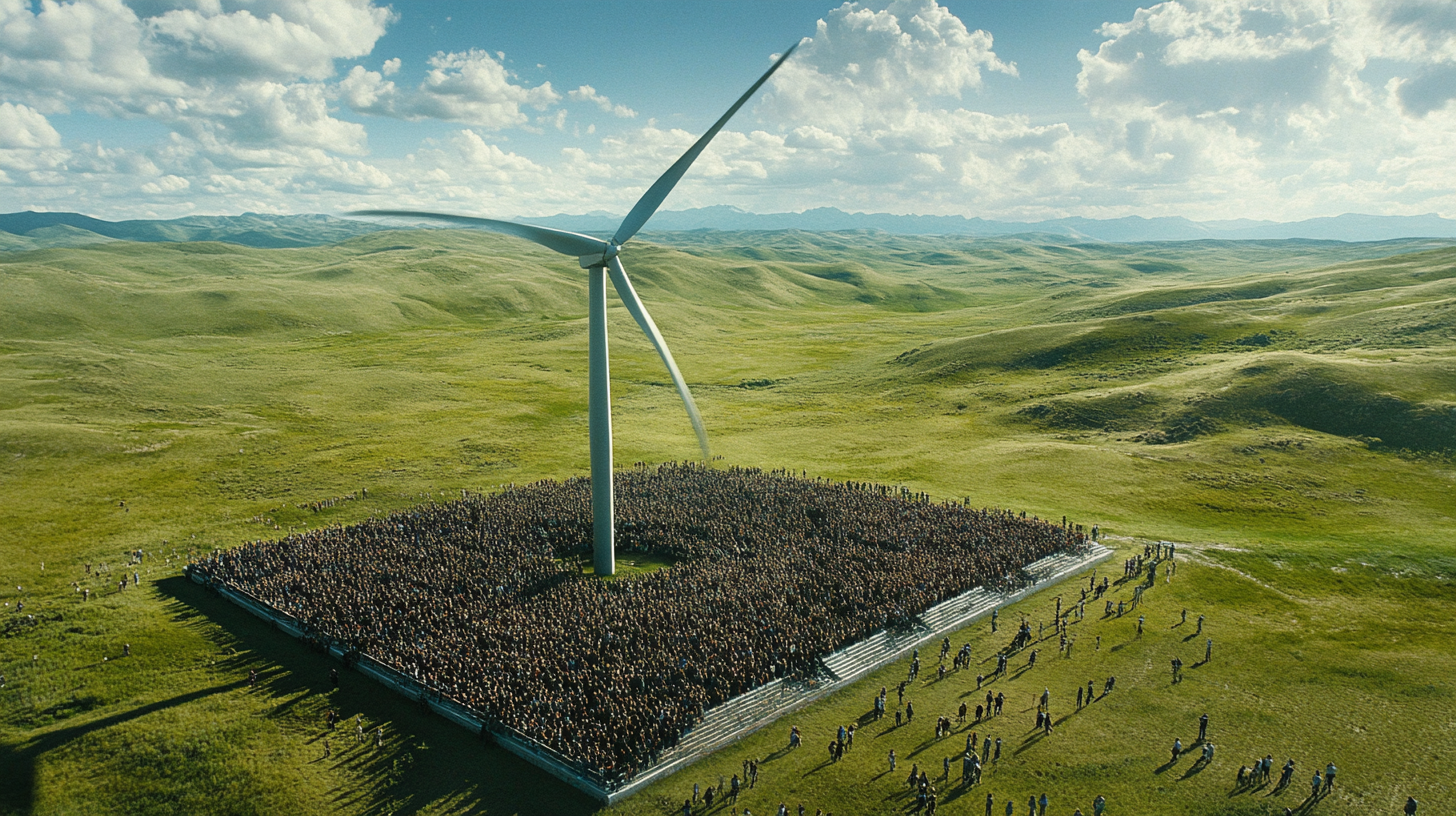 Film scene with wind turbine, bleachers, crowd, shot wide.