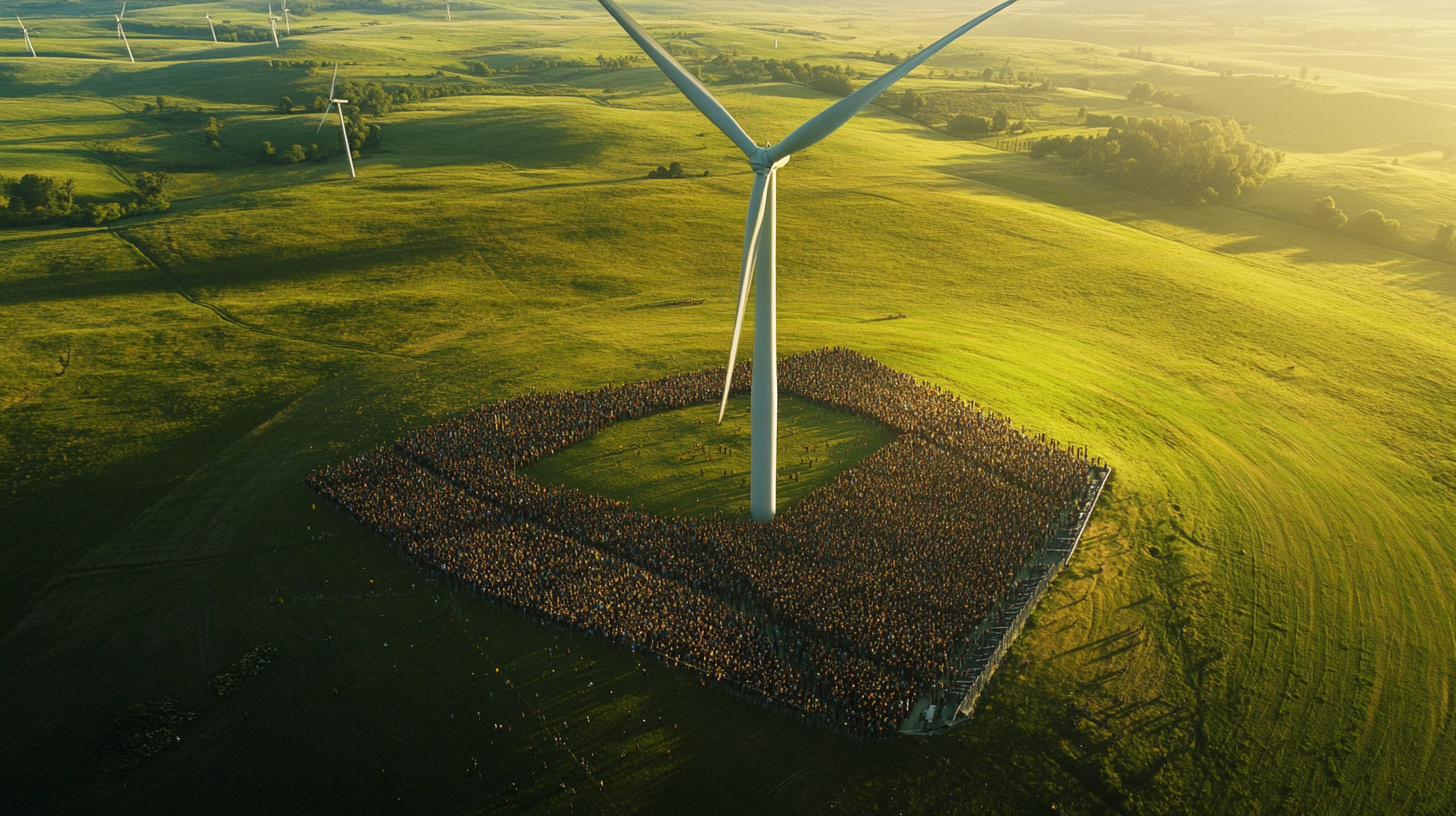 Film scene with wind turbine, crowd on bleachers.