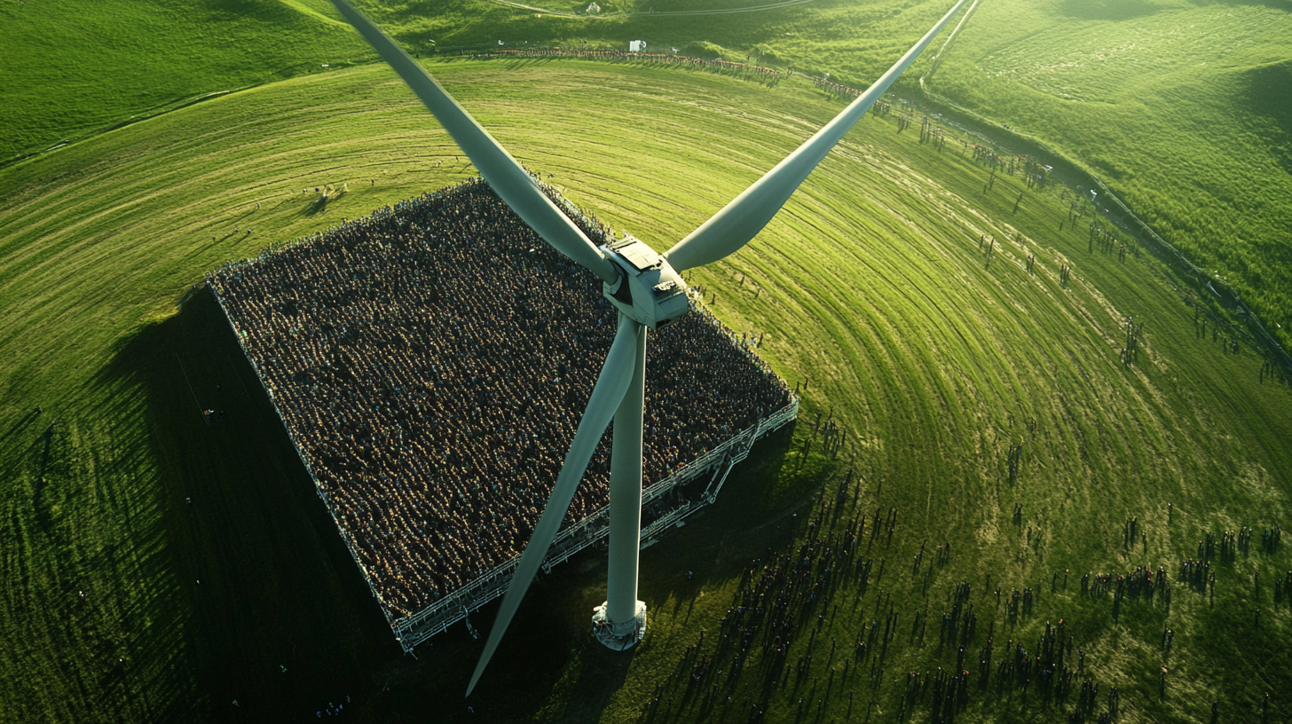 Film still of crowd near wind turbine outdoors.