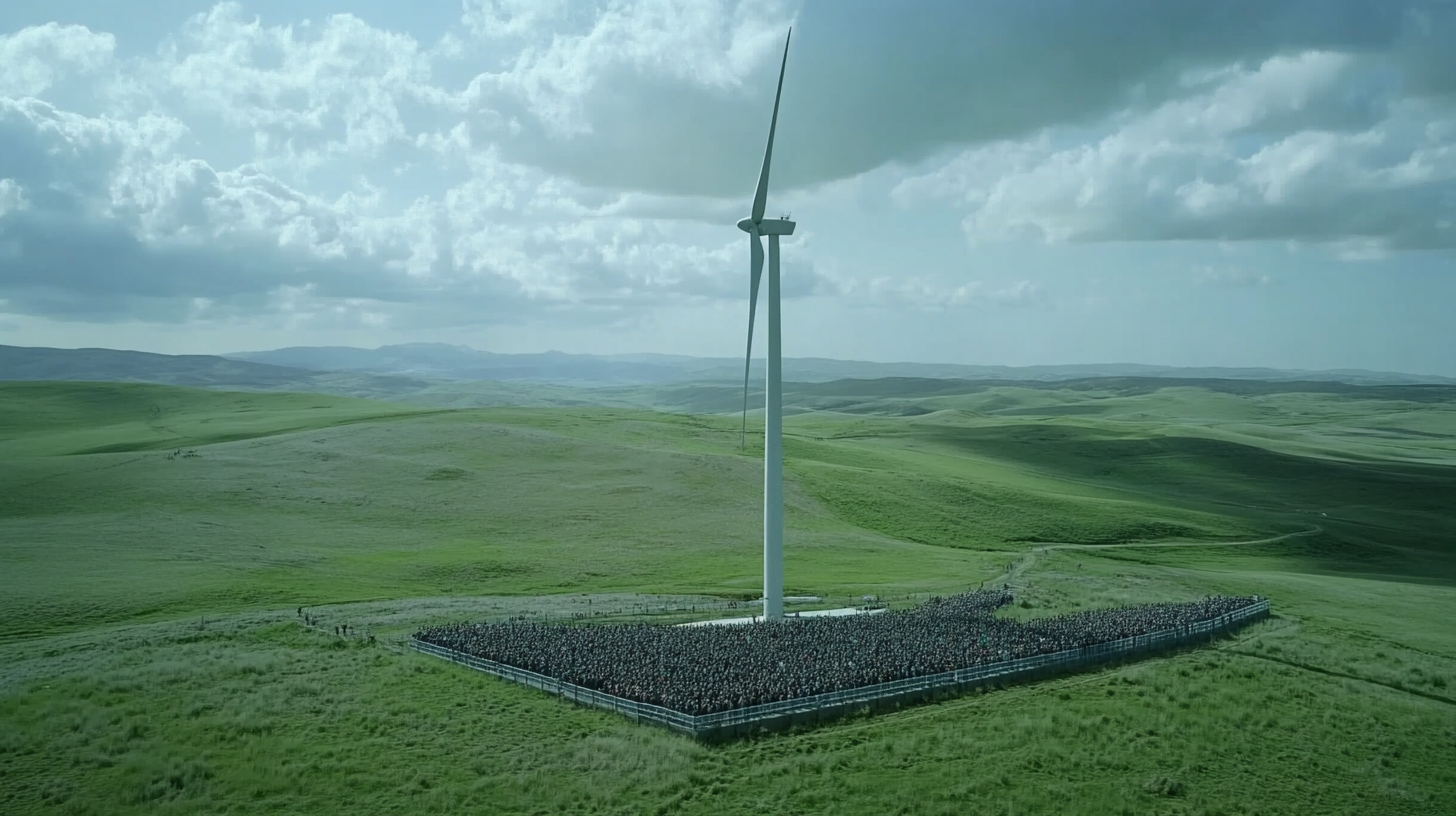 Film still of wind turbine in green field, crowd.