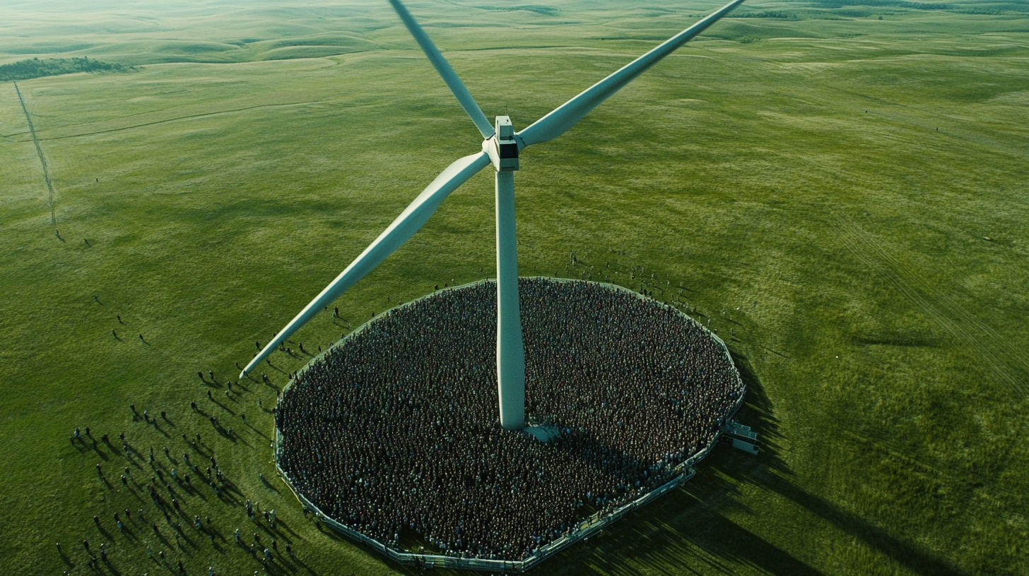 Film still with crowd around wind turbine.