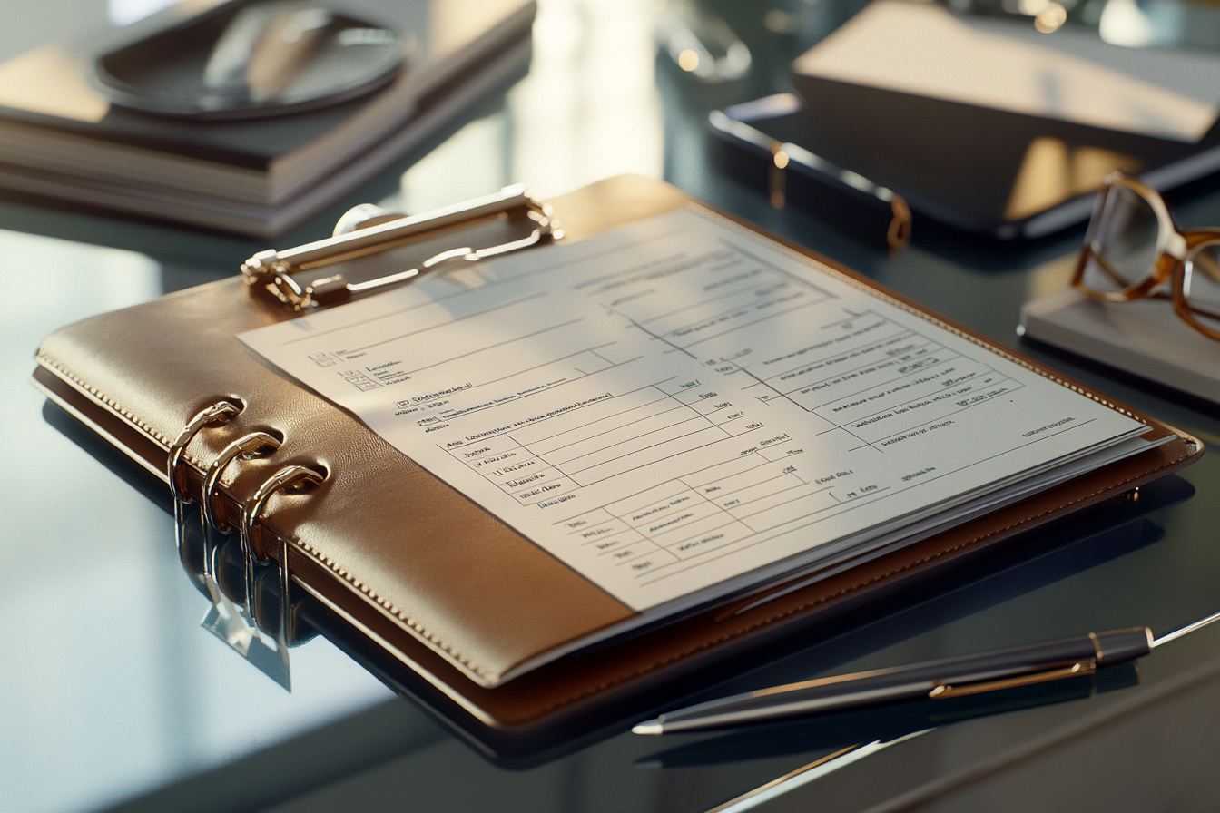 Financial Planning Notebook on Glass Desk with Pen