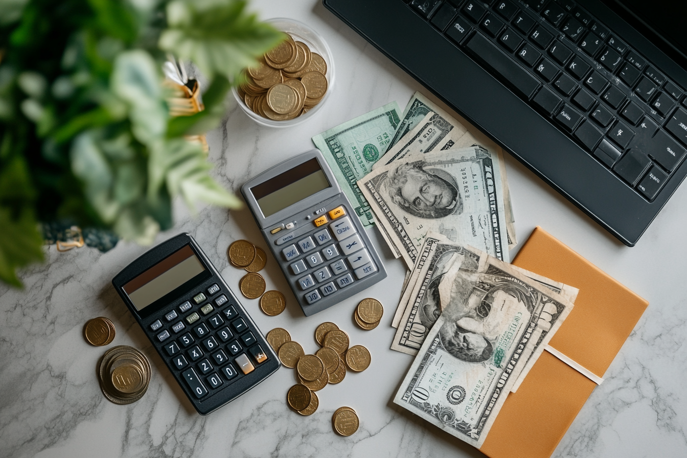 Desk with Money, Coins, Calculator